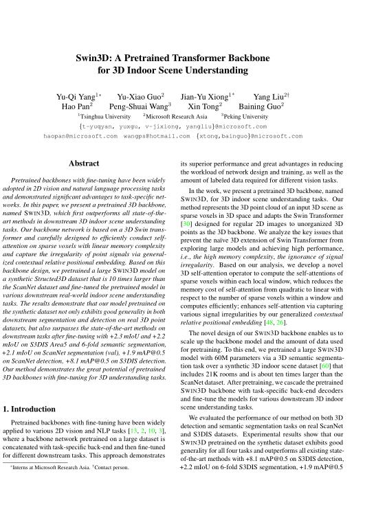 Swin3D：一個(gè)用于3D室內(nèi)場景理解的預(yù)先訓(xùn)練的Transformer主干  PDF 下載 圖1